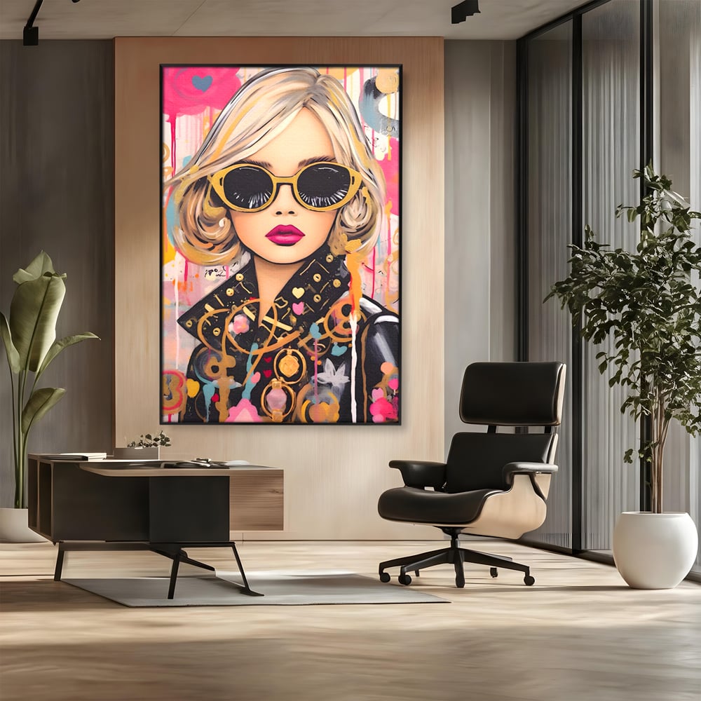 Tablou canvas cu tablou canvas cu portret de femeie, in rama de aluminiu negru, pe perete intr-un birou